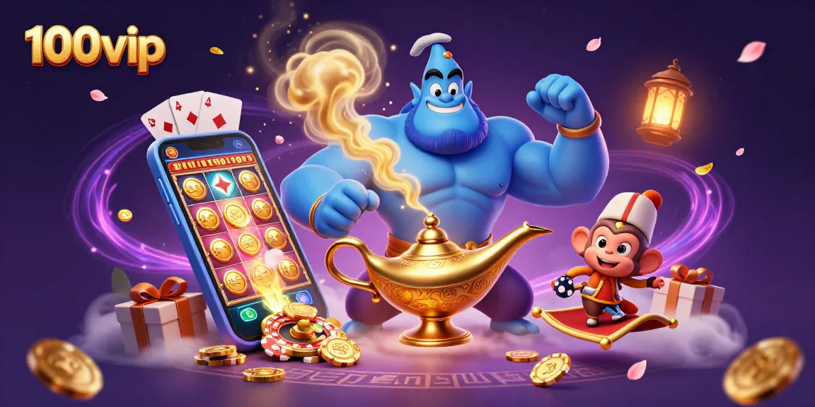 Experience the thrill of 100vip with a magical scene of a blue genie, monkey, and casino elements.