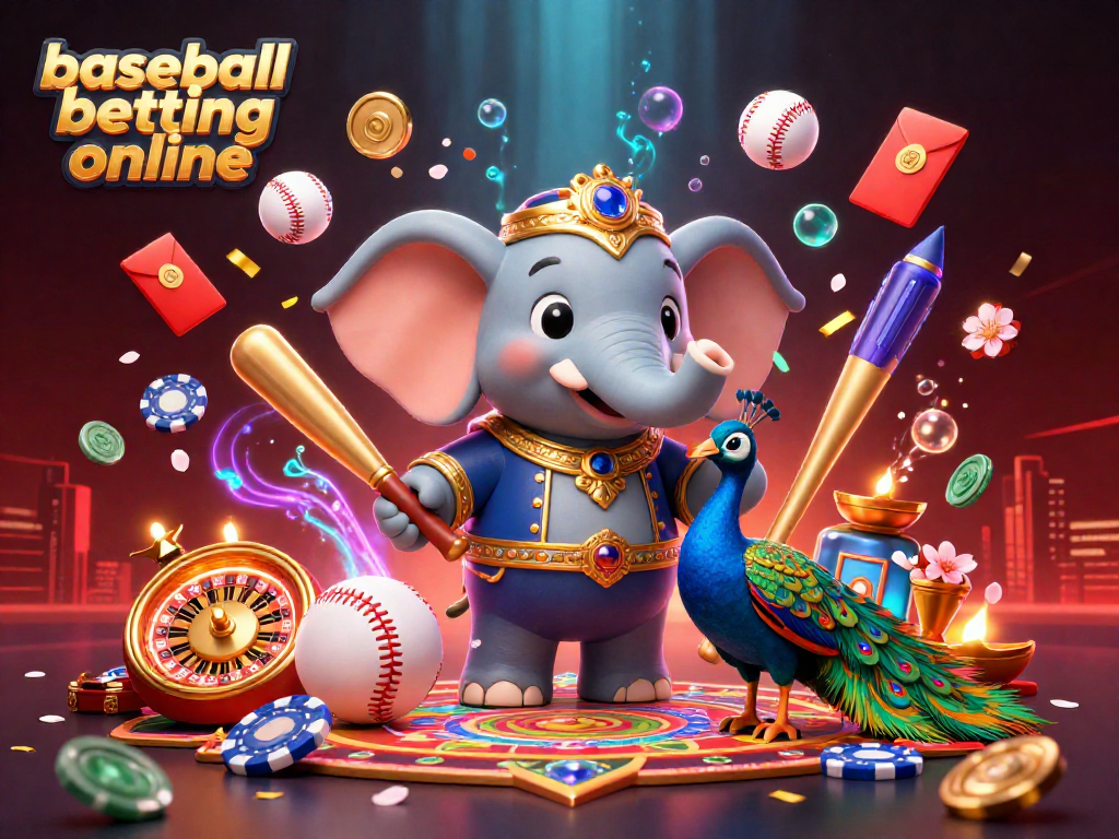 Engaging scene highlighting baseball betting online with an iconic elephant and vibrant casino elements.