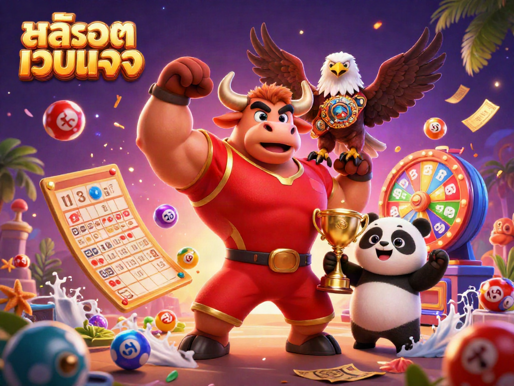 Experience the excitement of สล็อตเว็บตรง with a 3D bull mascot, trophy panda, and dynamic lottery elements.