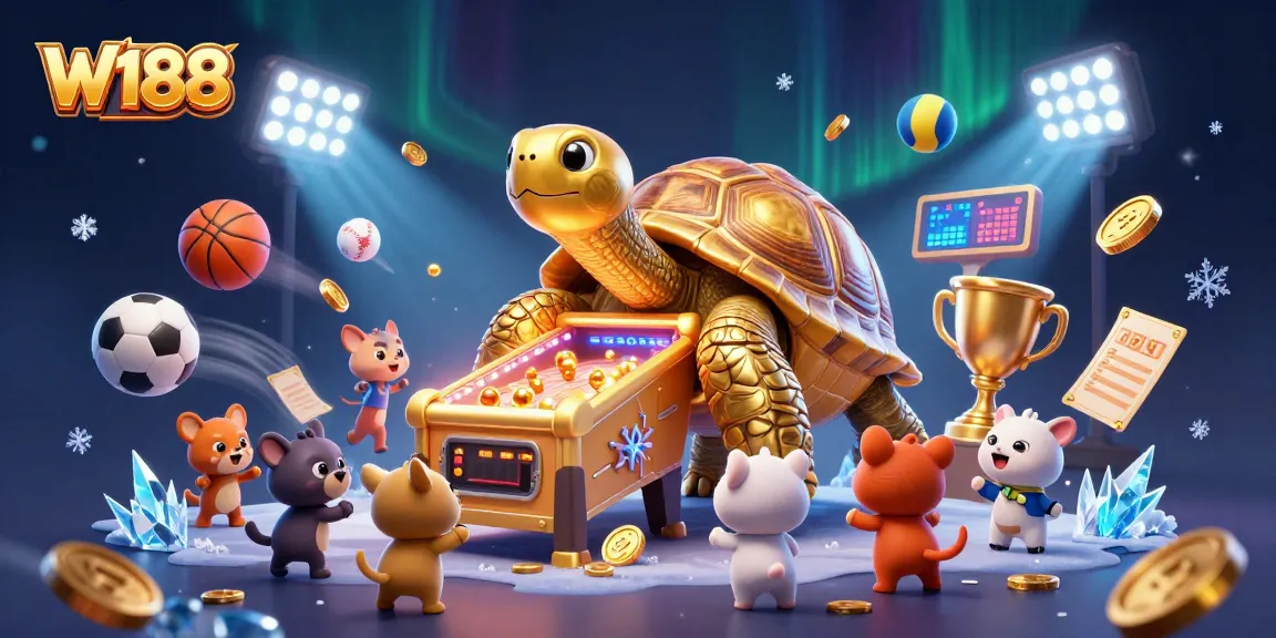 Experience W188 online casino action with a golden tortoise pinball machine and dynamic sports themes.