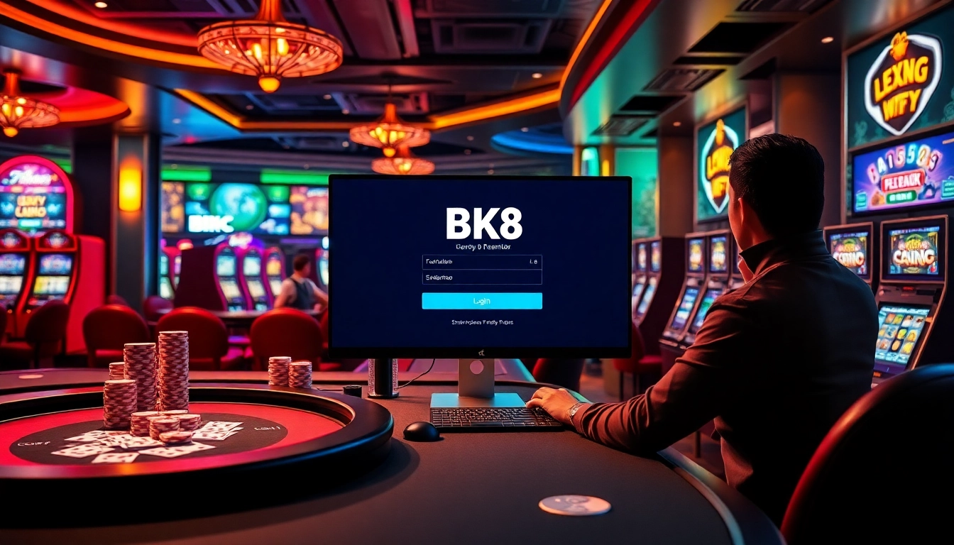 engaging with the BK8 login interface in a luxurious online casino atmosphere