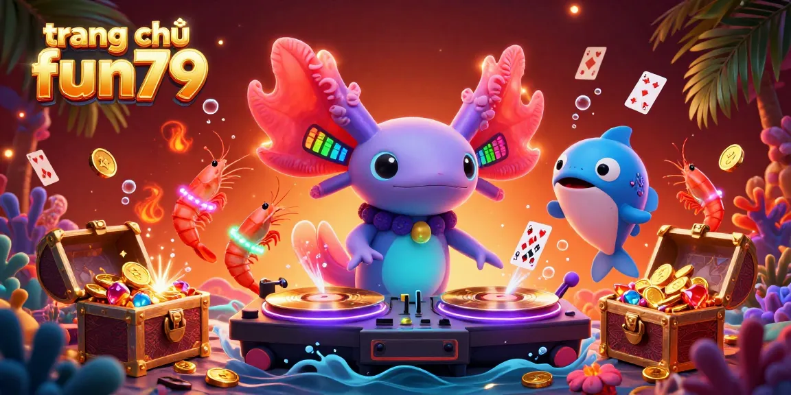 Spin to win at trang chủ fun79 with vibrant axolotl DJ, shrimp dancers, and fishing treasures.