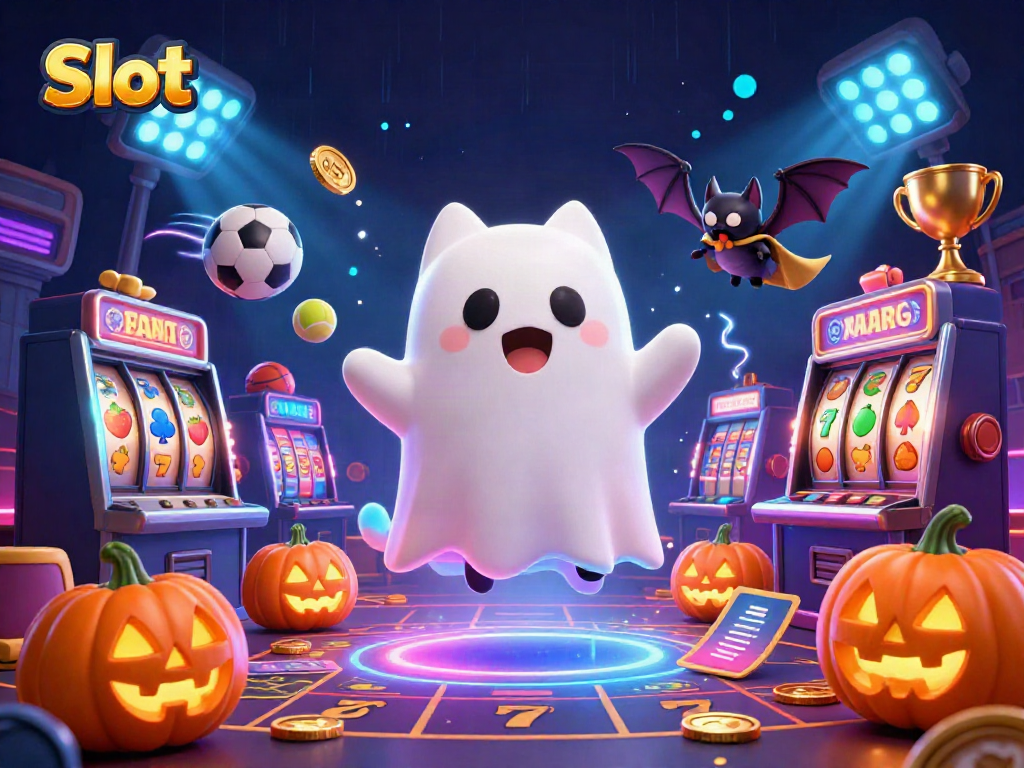 Slot menunjukkan kucing hantu 3D dan kelelawar vampir di kasino, dengan elemen slot dan koin emas.