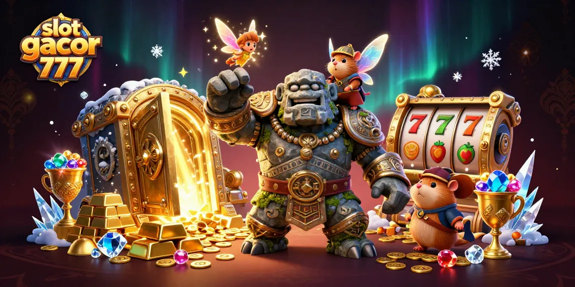 Experience slot gacor 777 magic with a golem guardian, fairy, and knight in a vibrant casino scene.