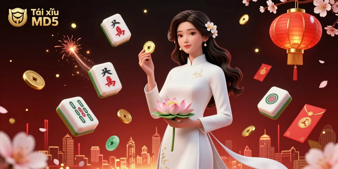 Tài xỉu MD5 illustration featuring an elegant Asian woman surrounded by festive gaming elements.