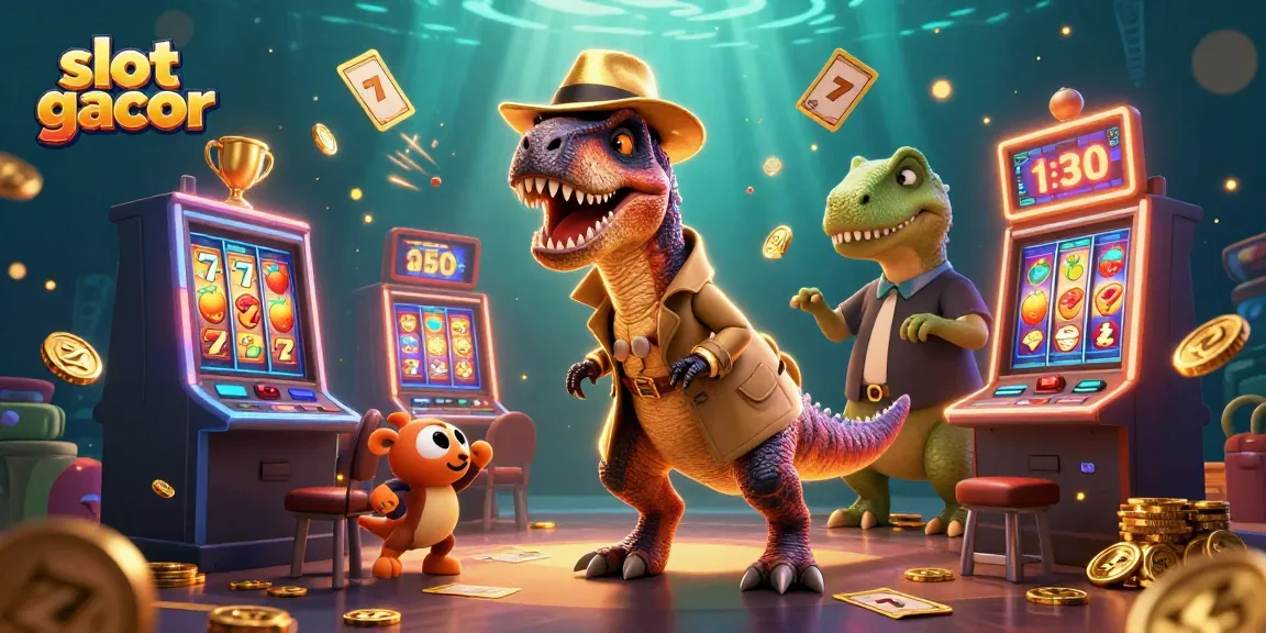 Slot gacor: Velociraptor bermain slot di meja dengan bos stegosaurus dan pencopet kompi.