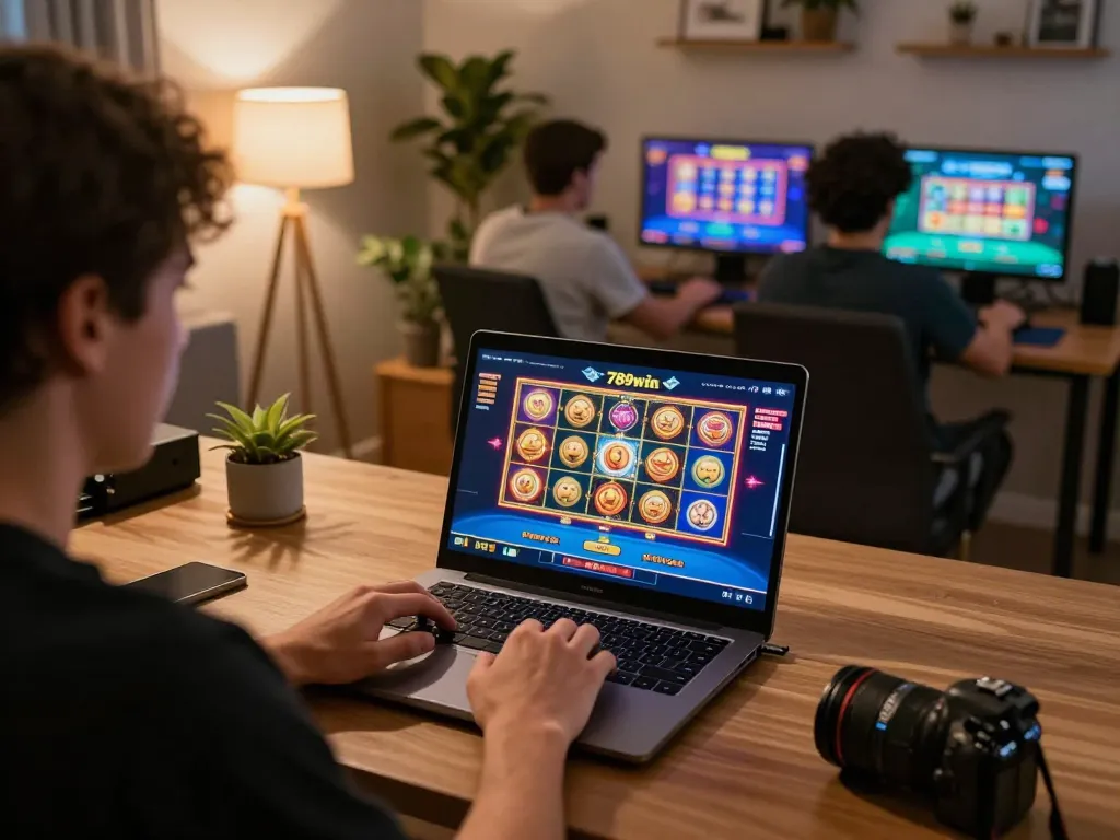 Player engaging with vibrant slot games on 789win at home, showcasing modern online gaming setup