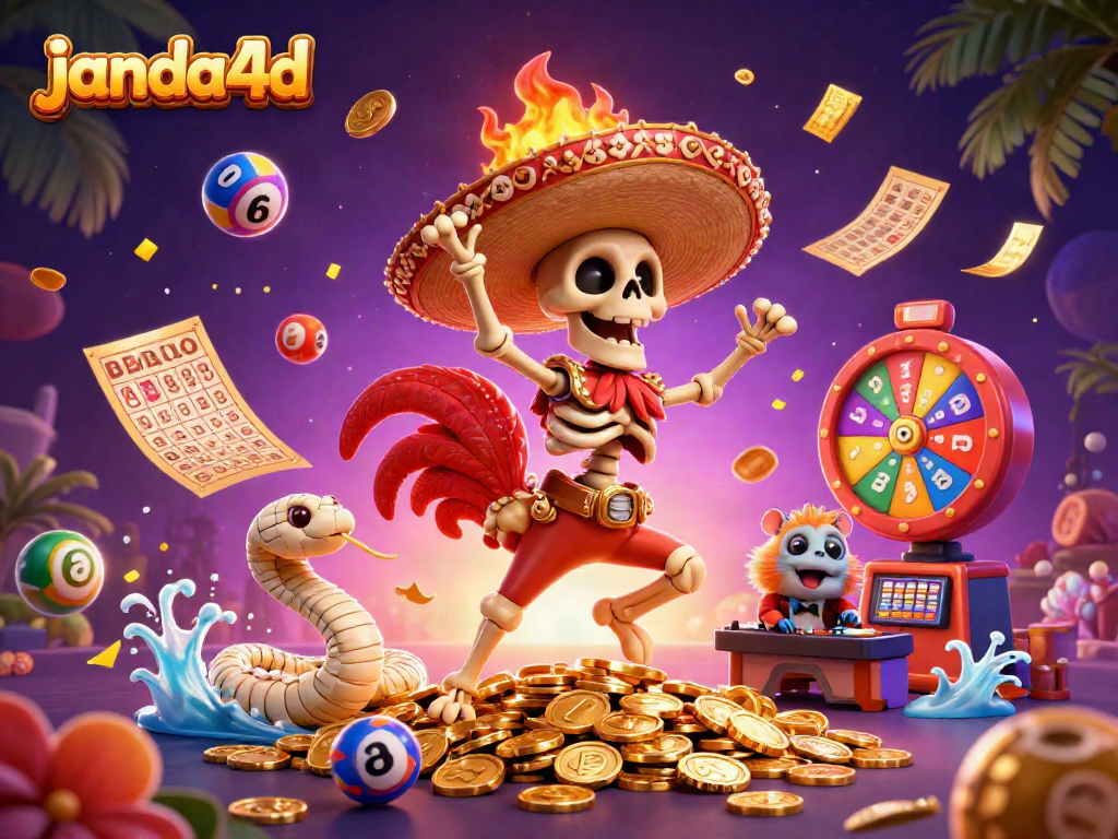 Janda4D menampilkan skeleton mariachi berdansa di atas tumpukan koin emas, dikelilingi bola lotere berwarna-warni.