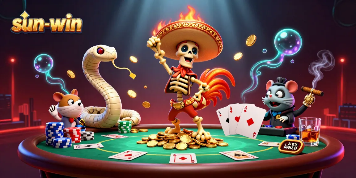 Experience sun-win glory with cartoon characters celebrating on a poker table surrounded by casino elements.