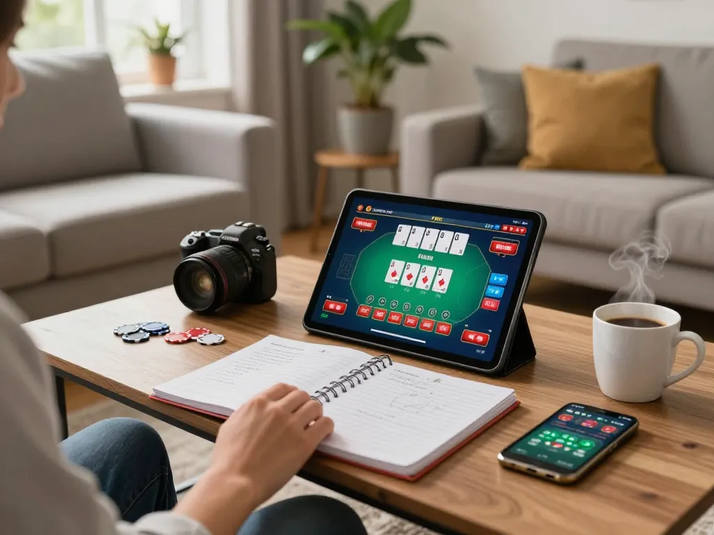 Player enjoying tr88 online poker game on tablet in cozy living room setup, emphasizing responsible gaming.