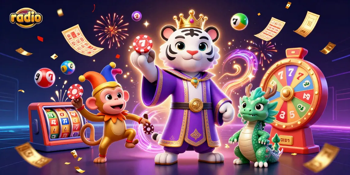 Engage with vibrant radio-themed casino excitement alongside playful characters in a dynamic scene.