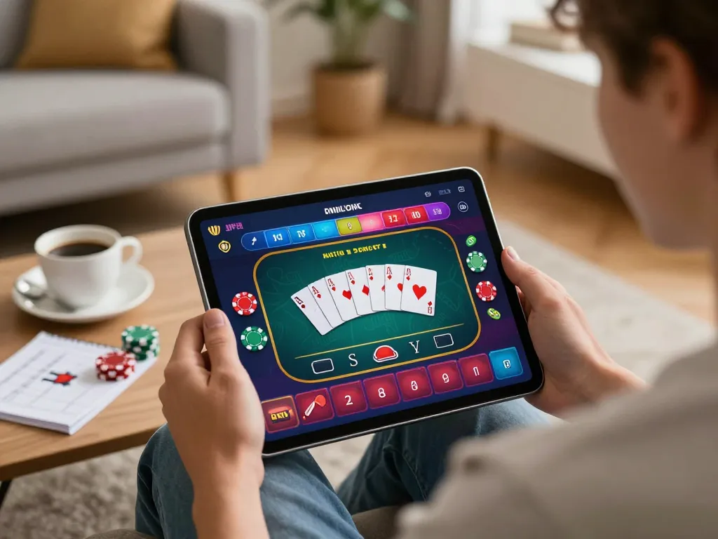 Engaging online gaming moment at https://mm88.blog/ with a tablet displaying poker, emphasizing strategy and comfort