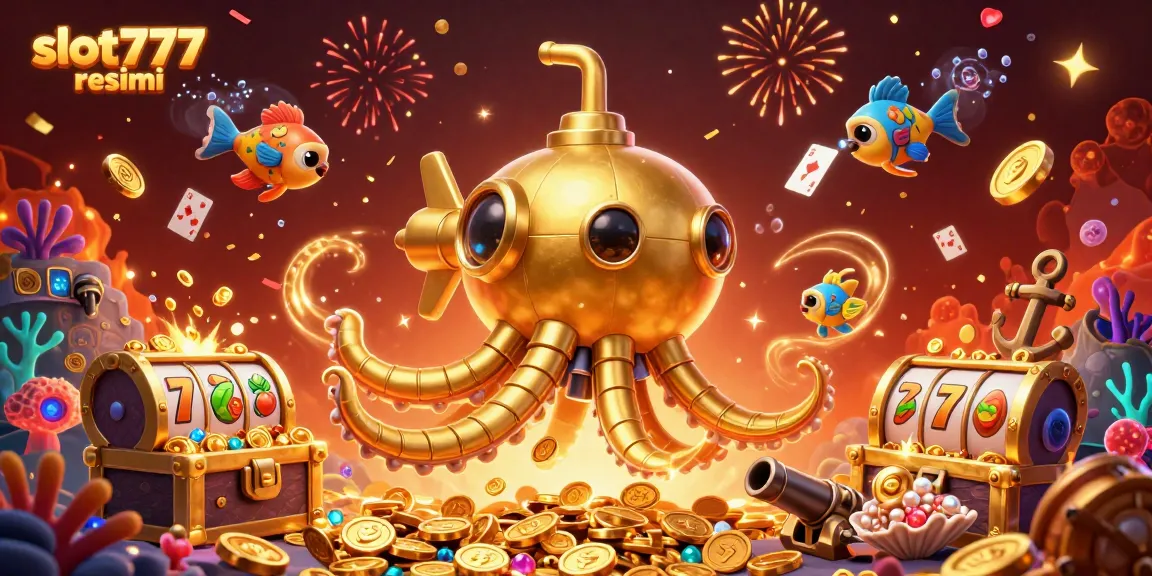 Experience thrilling gameplay with slot777 resmi, featuring a golden kraken submarine amidst floating symbols and treasures.