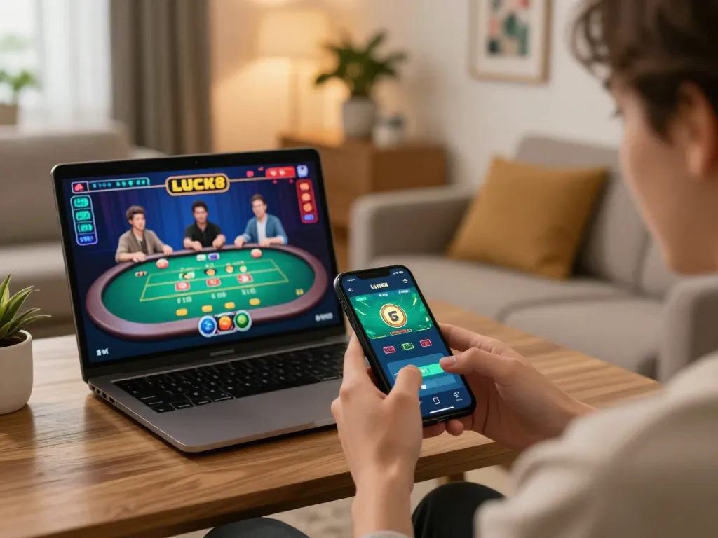 Tham gia ứng dụng di động lucks8 để chơi casino trực tiếp tại nhà, smartphone trong tay.