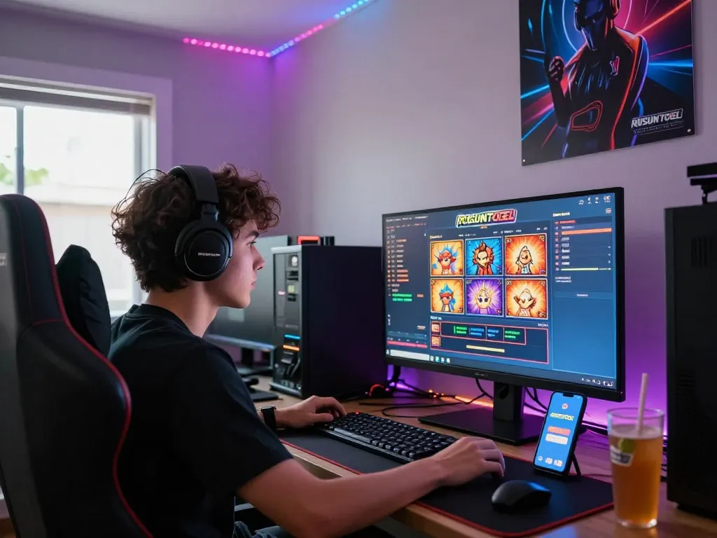 Interactive gaming setup with RUSUNTOGEL slot display and gaming chair.