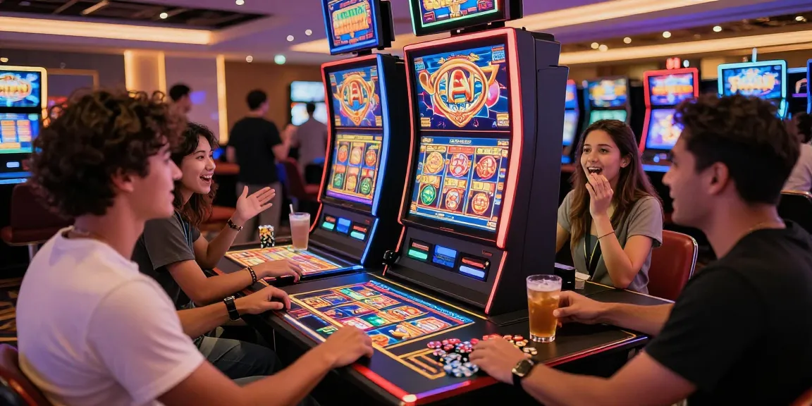 Friends enjoying pajaktoto slot at a vibrant casino, showcasing excitement and colorful gaming.