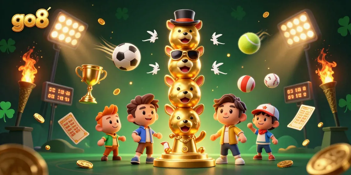 Engage with exciting casino adventures at go8, featuring dynamic sports elements and a whimsical golden totem pole.
