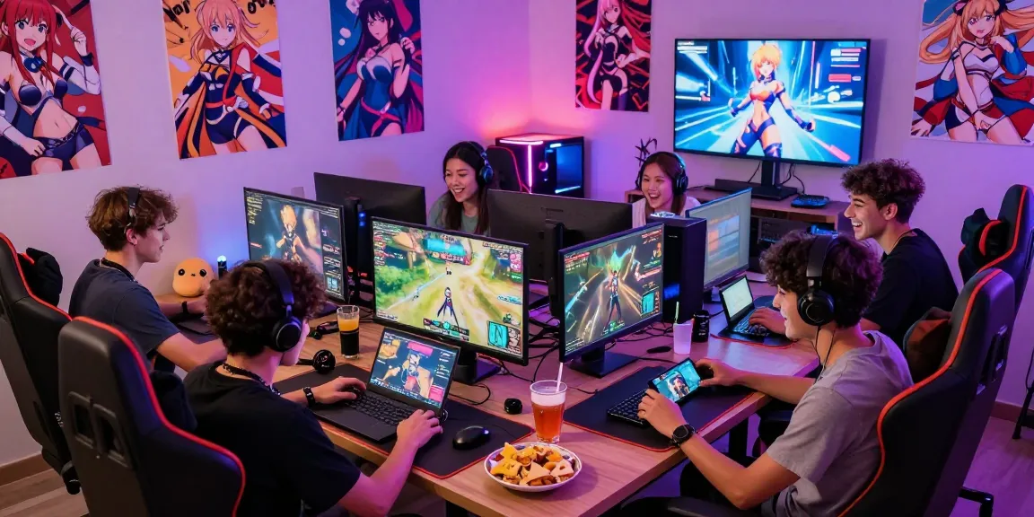 Gamers enjoying hentai games together in a vibrant gaming scene.