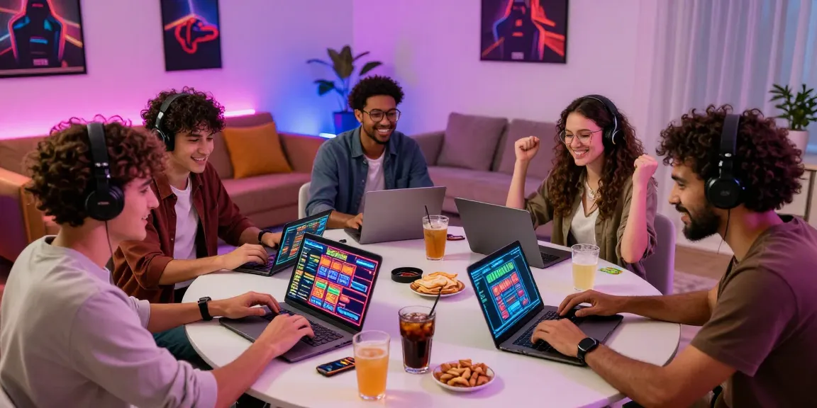 Exciting friends enjoying credit card casinos online, vibrant gaming atmosphere and modern setting.