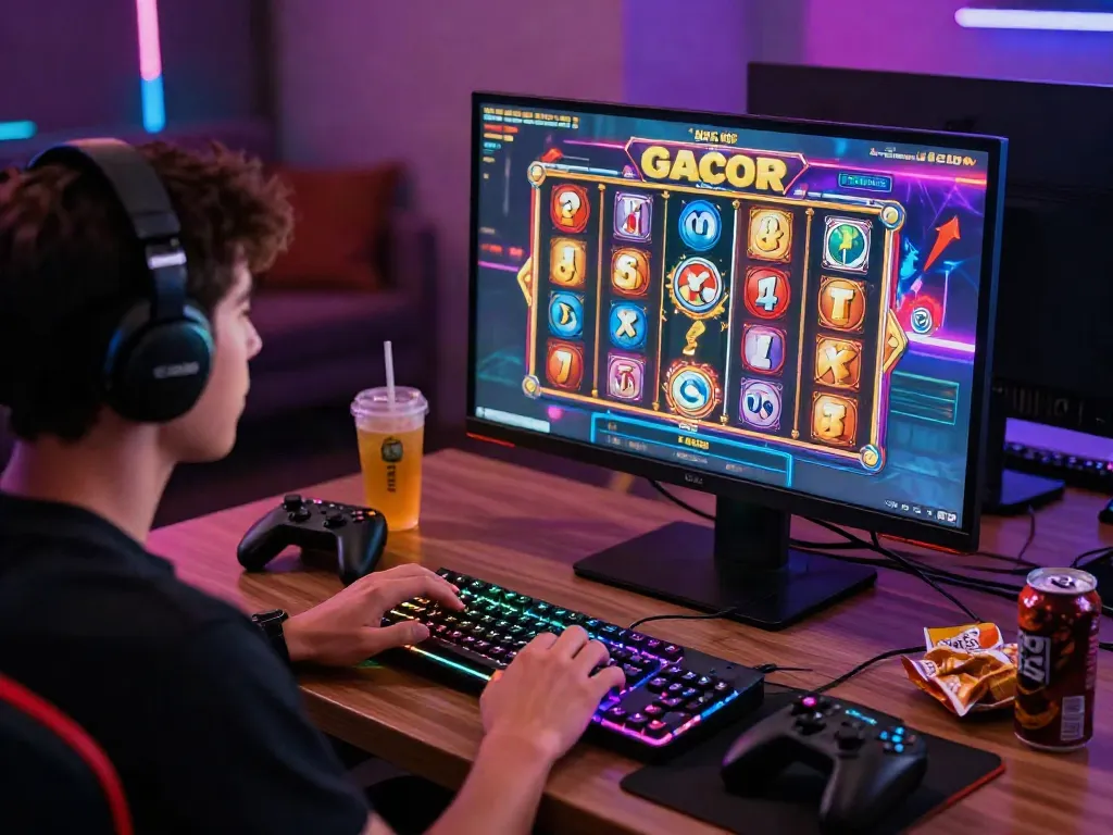 Engaging scene of a slot gacor game being played on a desktop, highlighting the excitement of online gambling.
