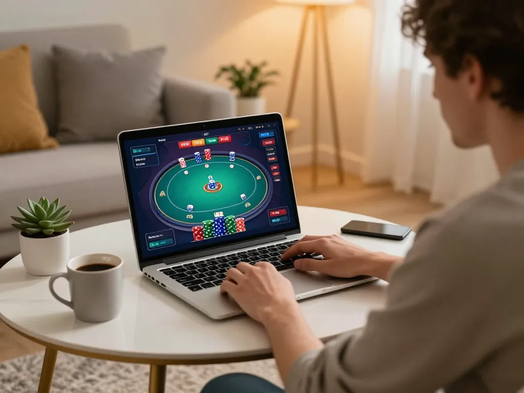 Engaging in online Poker at home on LGOLUX with strategic moves and cozy ambiance.