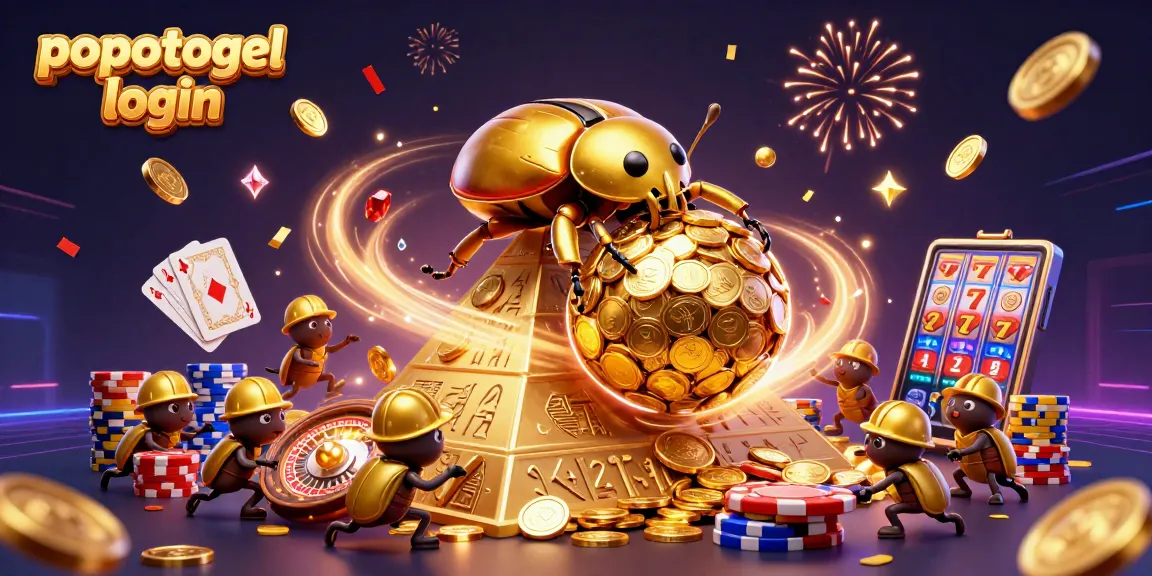 Experience the excitement of popotogel login with a vibrant 3D casino-themed illustration featuring golden beetles and casino symbols.