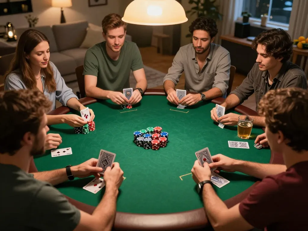 Sahabat bermain poker di rumah, merencanakan strategi menggunakan Ulat123, chip dan kartu yang berwarna-warni di meja.