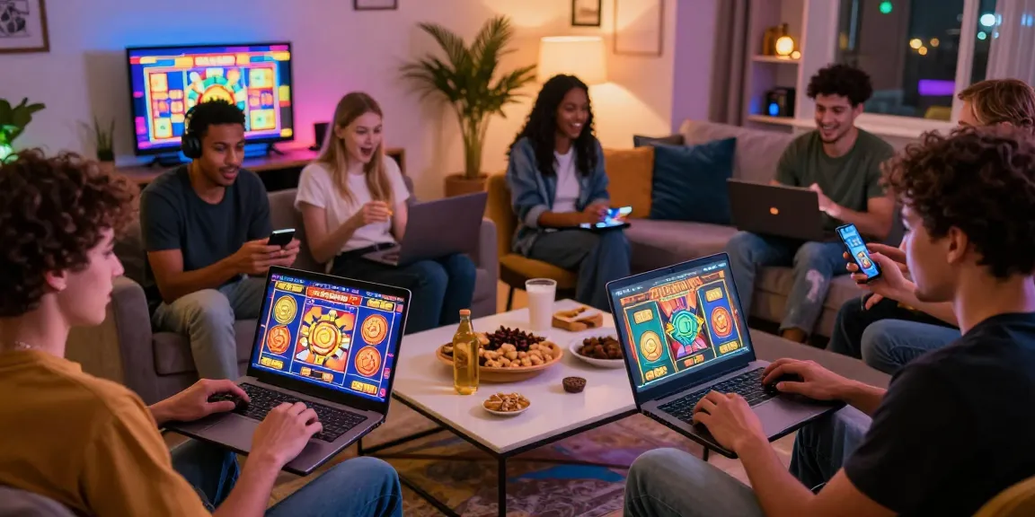 Exciting players enjoying new UK casino sites on laptops and smartphones, vibrant gaming atmosphere.