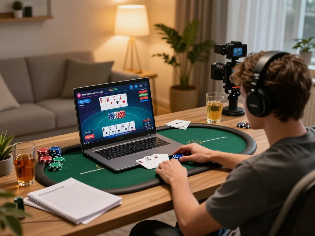 Engaging player on King33 online poker platform in a cozy home office setting.