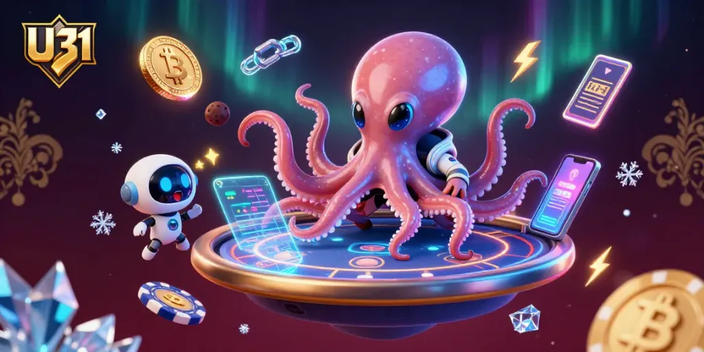 Engage with U31 as a cartoon octopus operates a holographic poker table, surrounded by crypto coins and dynamic gaming elements.