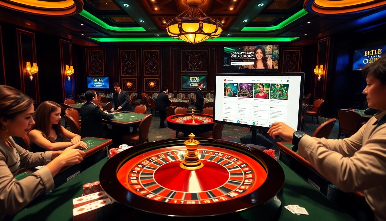 Excited players placing bets at a roulette table, showcasing https://bem88i.com/ in a vibrant casino atmosphere.