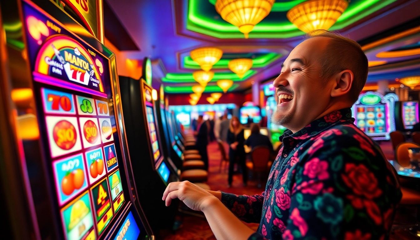 Slot gacor dimanfaatkan oleh pemain yang antusias di latar belakang kasino yang ramai.