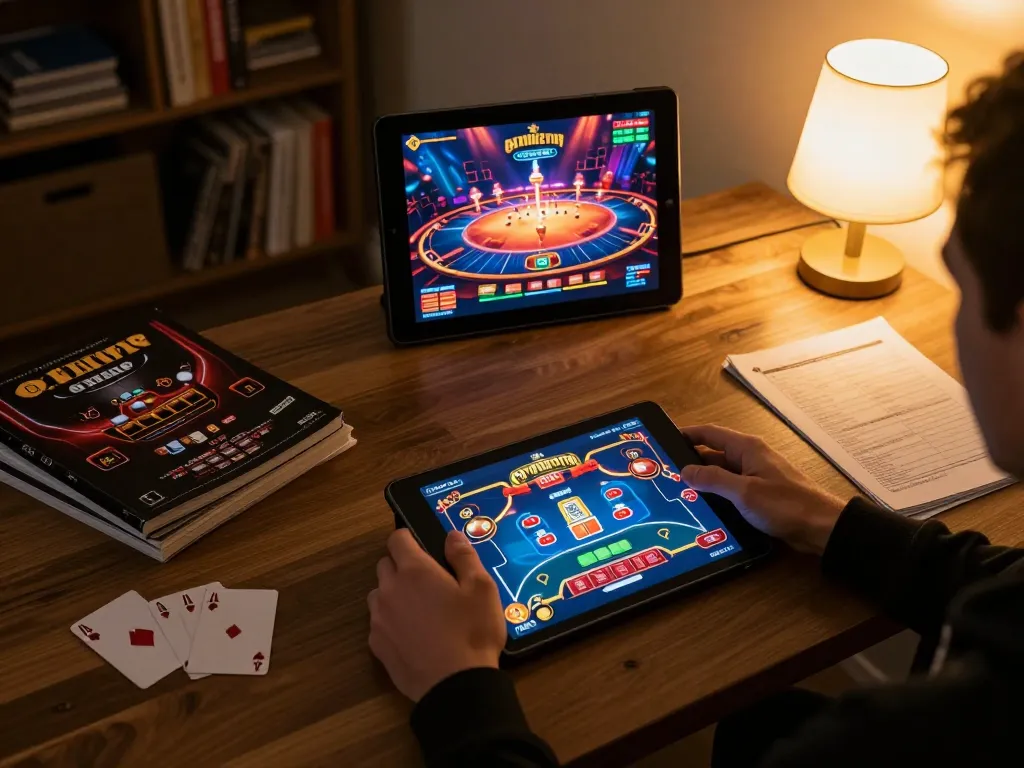Engaging scene of a player using a tablet for hm88 poker gaming, showcasing strategy and comfort in a home setup.