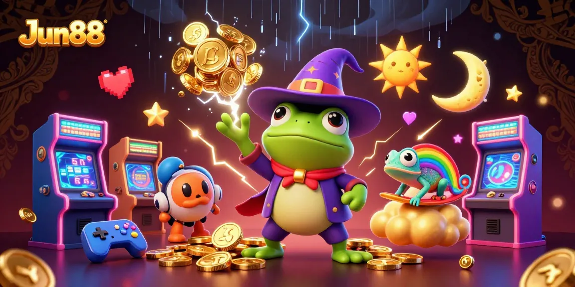 Experience thrilling gameplay at Jun88 as a wizard frog conjures golden coins amidst vibrant casino elements.