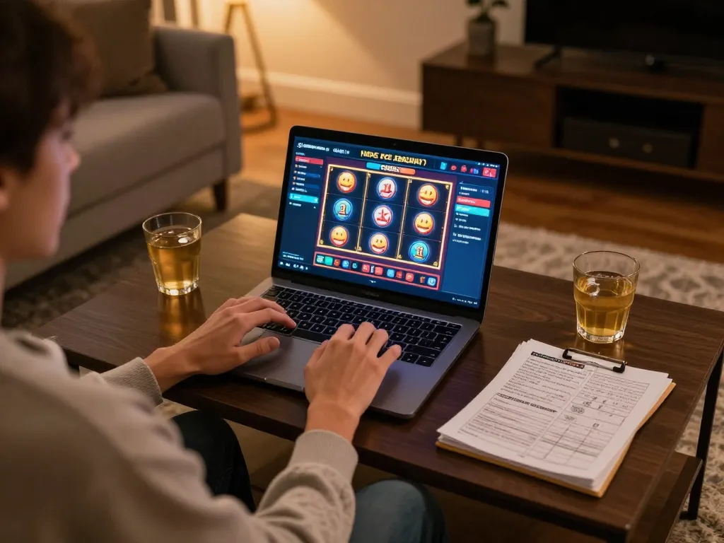 Engaging online gaming scene featuring ทางเข้า m112 and slot games on a cozy home setup.
