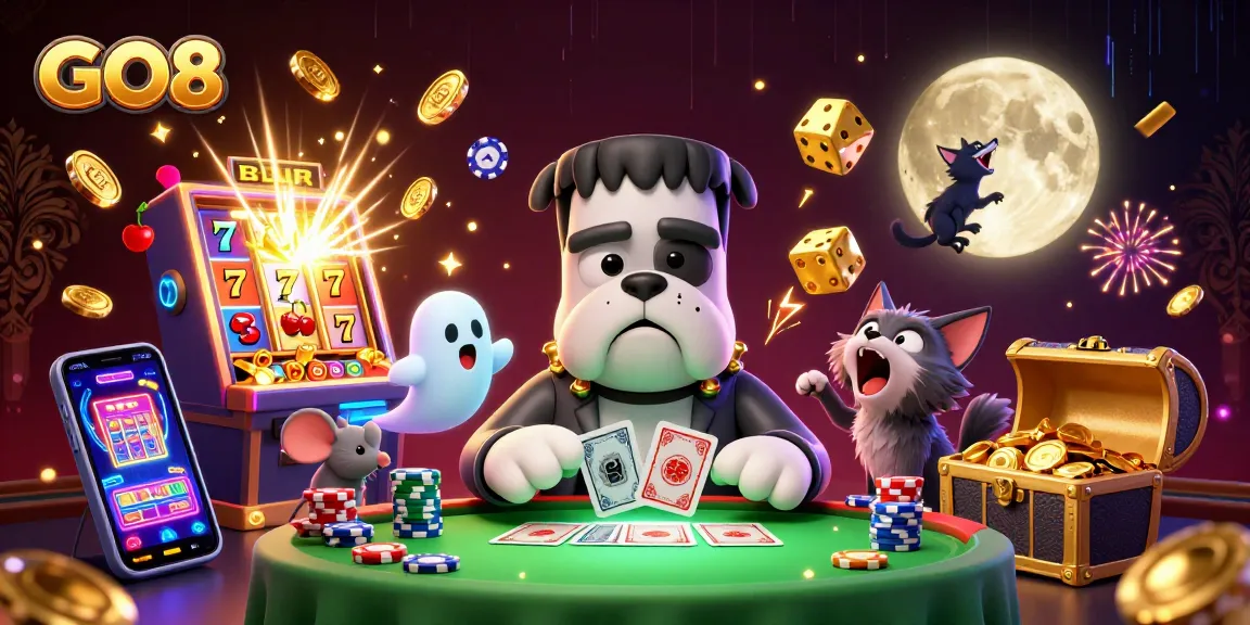 Experience GO8's thrilling gaming with Frankenstein bulldog dealer, jackpot machines, and lively characters.