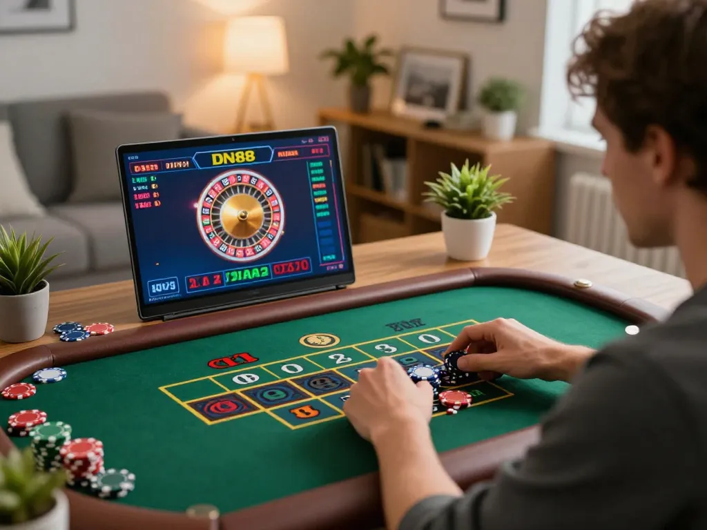 Player engaging in live dealer games at DN88 online casino with vibrant screens and chips.