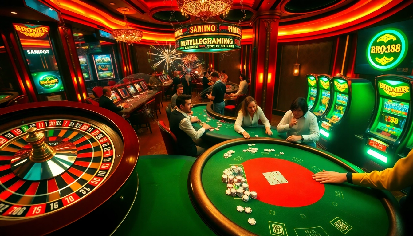Experience the thrill at Bro138's vibrant casino scene with spinning roulette and excited players.