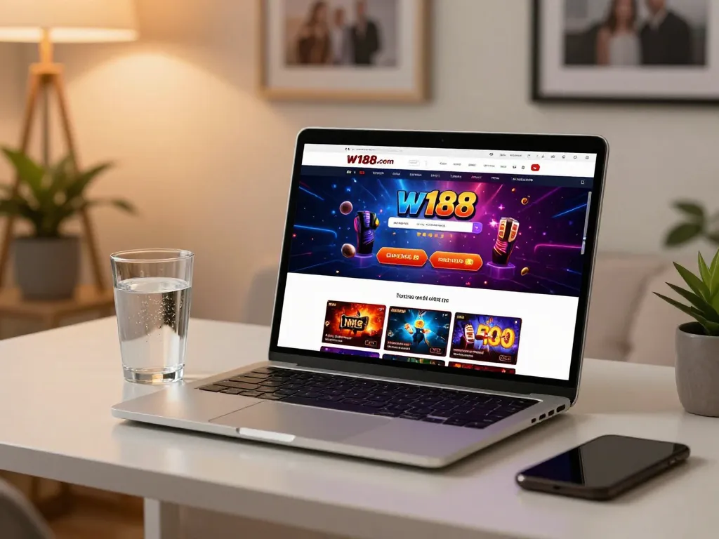 Engaging scene of a person playing on w188 com online casino with a stylish laptop on a desk