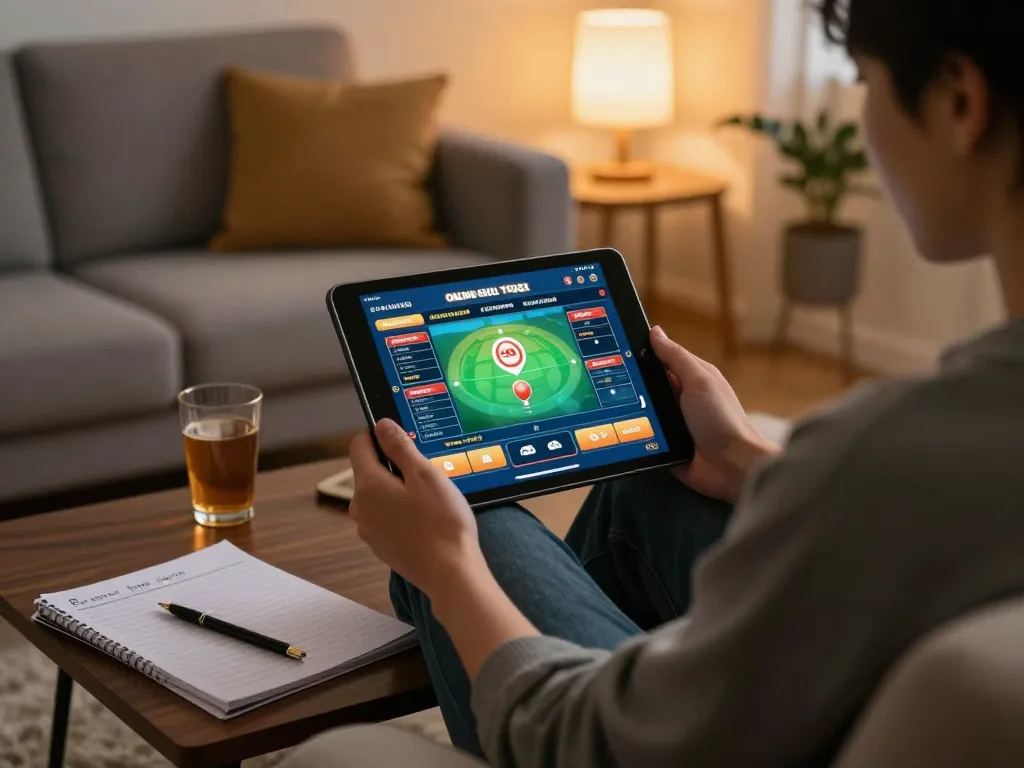 Engaged in online togel online gaming, a player analyzes strategy notes in a cozy living space.
