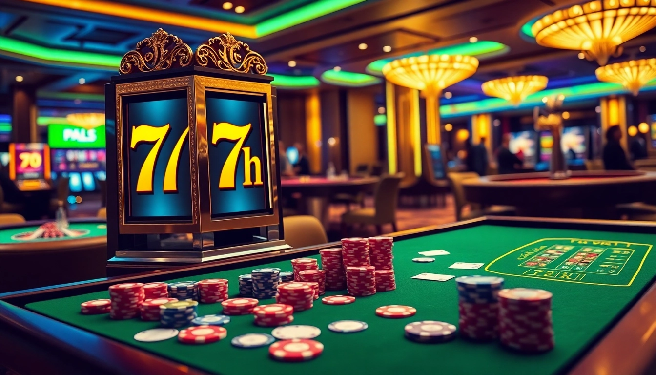 Play exciting slot games at 7hh, featuring vibrant casino tables and an engaging atmosphere.