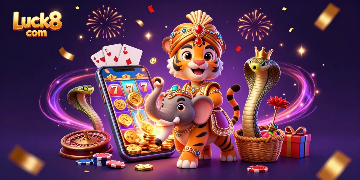 Win big at Luck8 com with a vibrant 3D casino scene featuring a maharaja tiger and slot games.