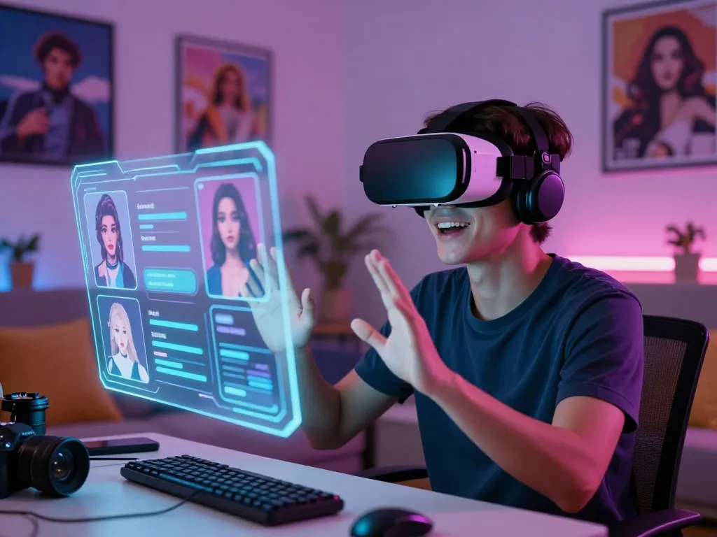 Engaging user exploring sex chat AI in a vibrant virtual reality environment