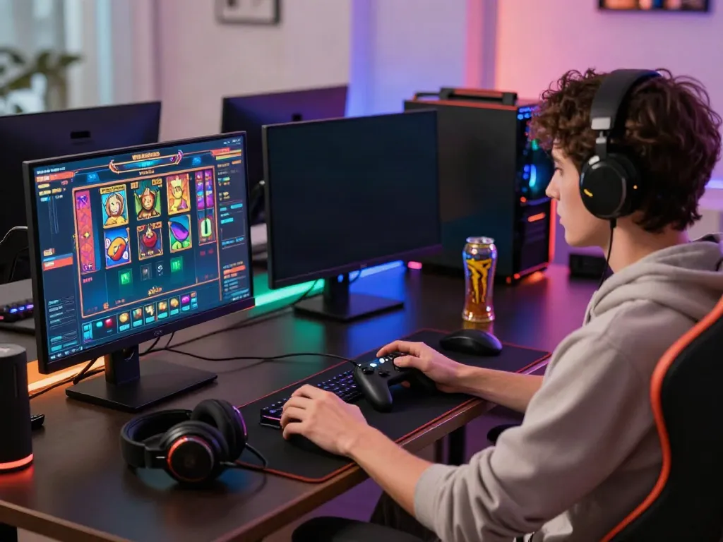 Engaged player at a modern gaming desk showcasing akunjp online gaming experience.