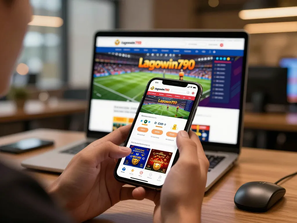 Pengguna terlibat yang menjelajahi situs taruhan seluler lagowin790 dengan grafik olahraga yang penuh warna.