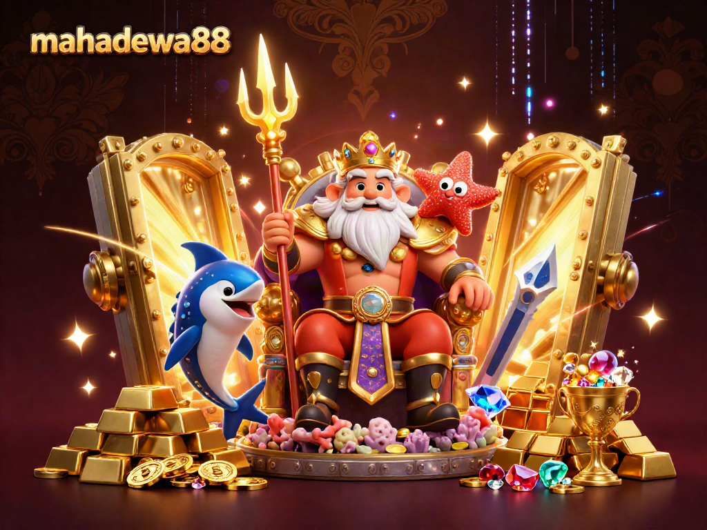 Experience the thrill of mahadewa88 with Neptune and treasures in this vibrant casino illustration.