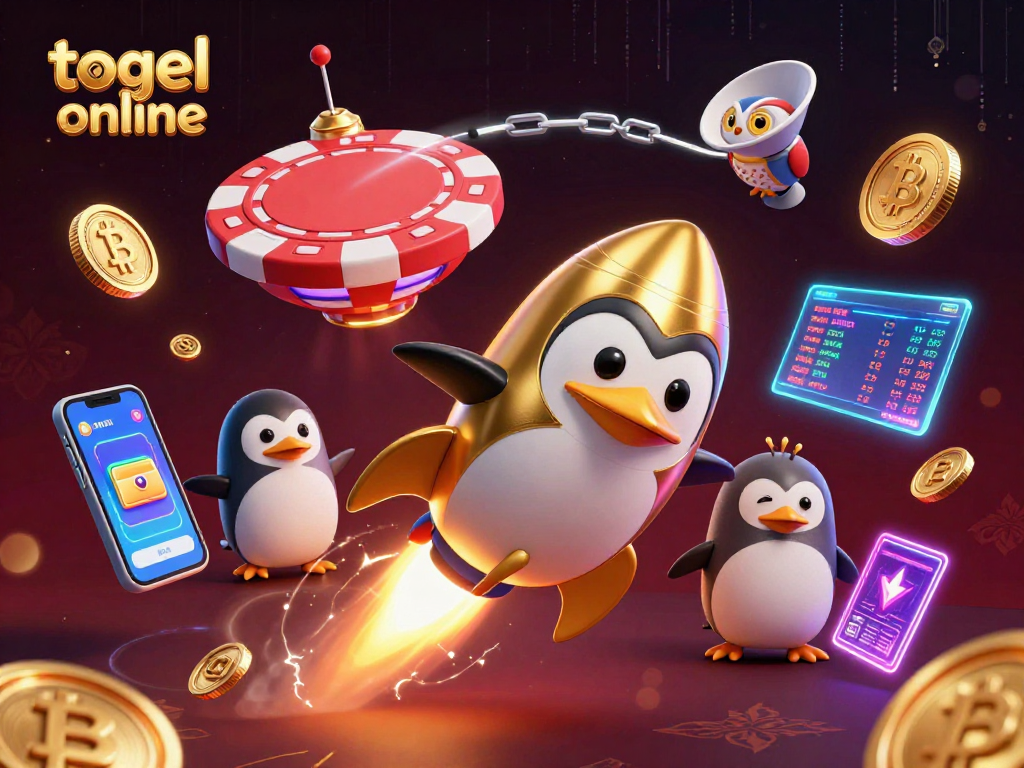 Play togel online as a golden penguin blasts through space towards a casino station with crypto coins!