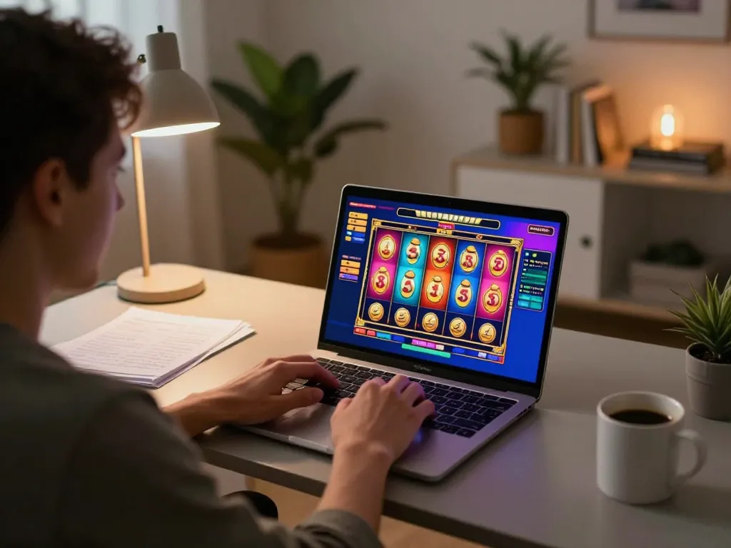 Person enjoying dynamic gaming on 23vn23 with vibrant slot game reels in action