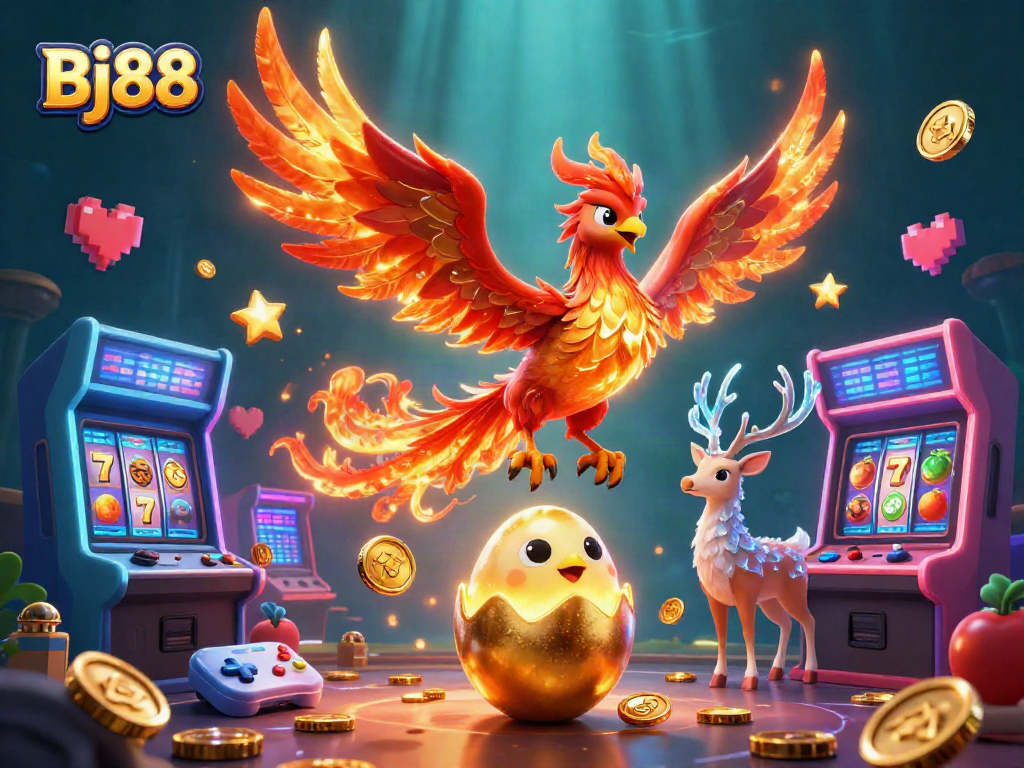Experience thrilling gameplay at Bj88 with vibrant slot reels and captivating characters in a dynamic casino illustration.