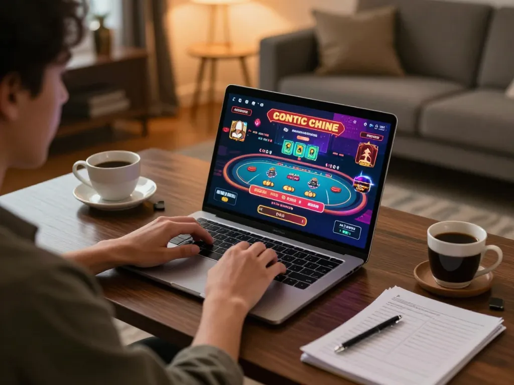 Player engaging in online gambling at home with lc88, focusing on strategy and enjoyment.